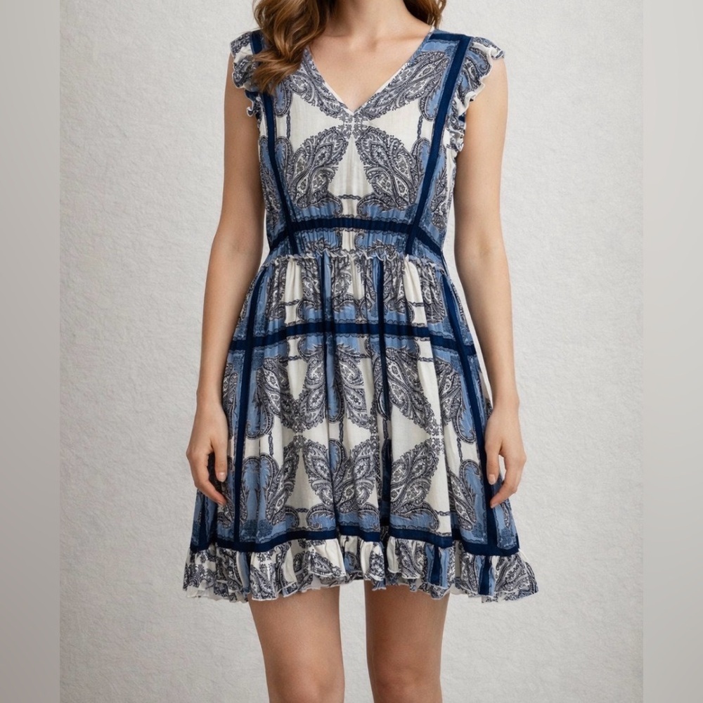 Paul & Joe Dress Cottage Blue White V-Neck Ruffle Flutter Karla Paisley Midi